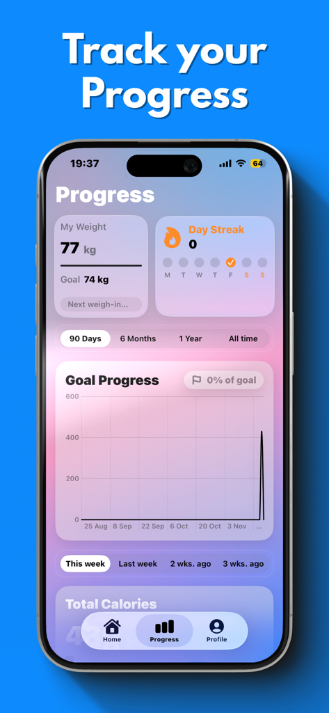 Kalí - Screenshot of the Kali app progress dashboard showing weight metrics and goal progress charts on an iPhone