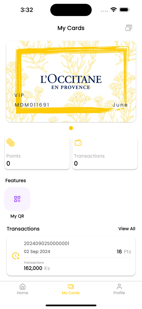 L’Occitane MM VIP Club - Carte de membre VIP numérique et historique des transactions de points dans l'application L'Occitane
