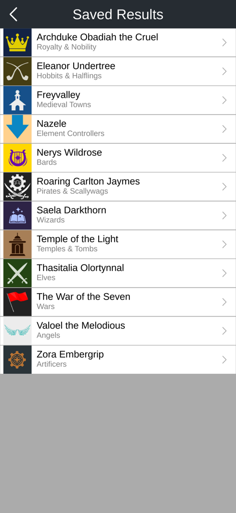 Fantasy Writer's Companion - Eine Liste gespeicherter Fantasy-Charaktere und Weltenbauergebnisse in der Fantasy Writer's Companion App