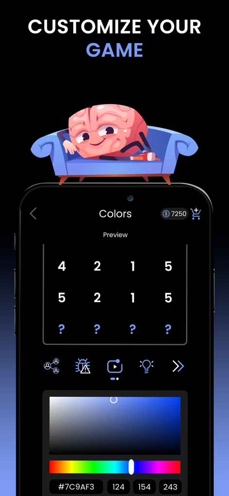 Math Master Puzzles & Riddles - Menú de personalización para la aplicación Master Matemático Puzzles con un selector de color y una ilustración de un cerebro caricaturesco