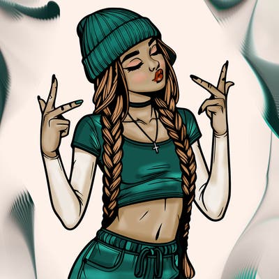 realistic teenage girl with braids and a beanie and crop top doing 🫶🏼