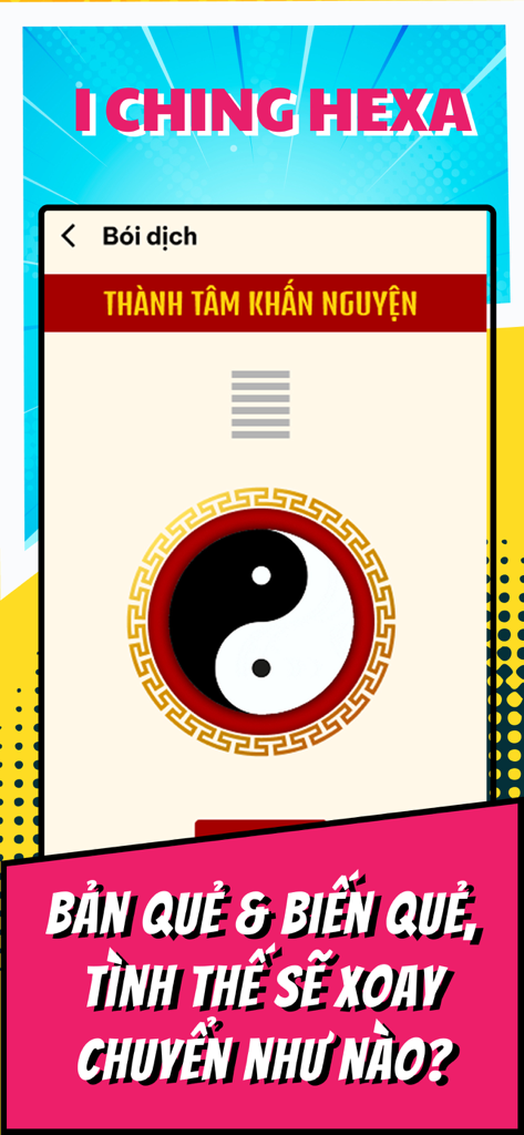 Astrology 365: Palmistry Tarot - Interfaz de lectura de hexagramas del I Ching con un símbolo Yin Yang y líneas de hexagrama en la aplicación Astrology 365