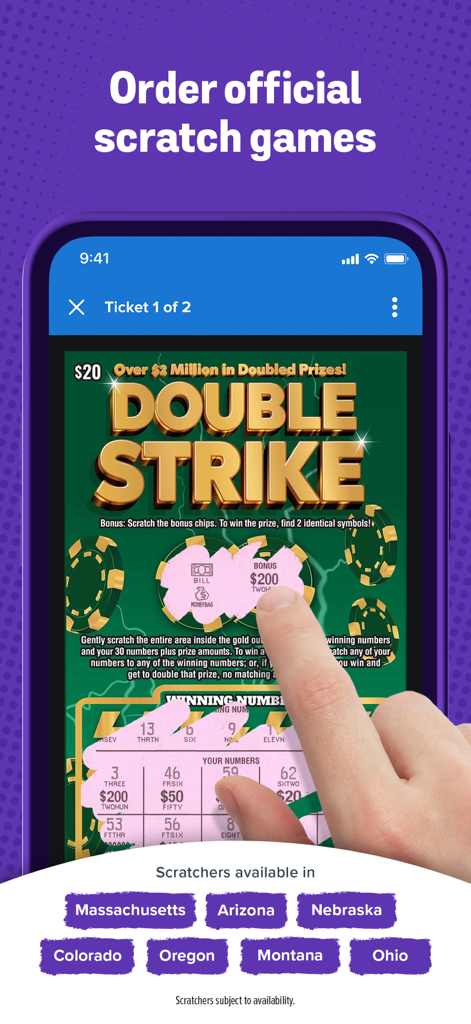 A smartphone screen showing the Jackpocket app digital scratcher game with a hand scratching a virtual ticket.