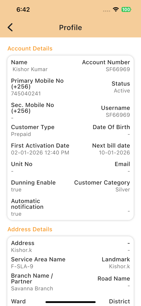Savanna Fibre Customer App - Savanna Fibre app profile screen displaying account and address details
