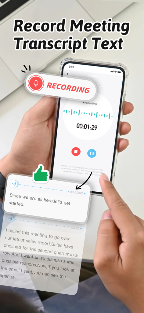 Trascrizione vocale-testo in tempo reale di una riunione di lavoro su un'app mobile