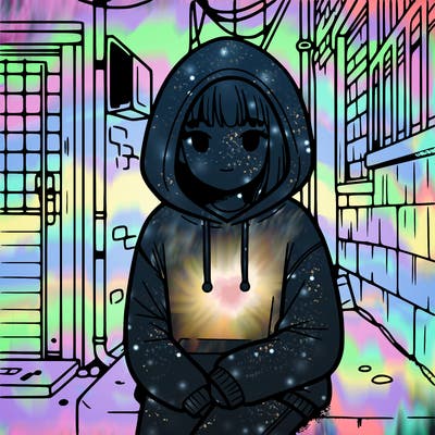 a girl with a hoodie siting against a wall in an alley