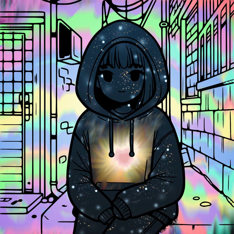 a girl with a hoodie siting against a wall in an alley