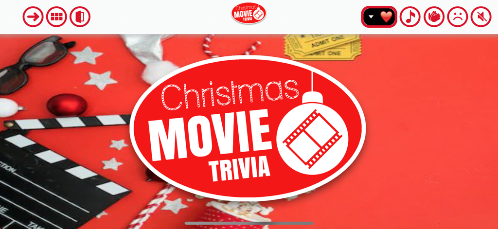 Trivia Maker - Quiz Creator - Pantalla de inicio para un juego de trivia de "Películas Navideñas" con decoraciones festivas navideñas y controles de juego