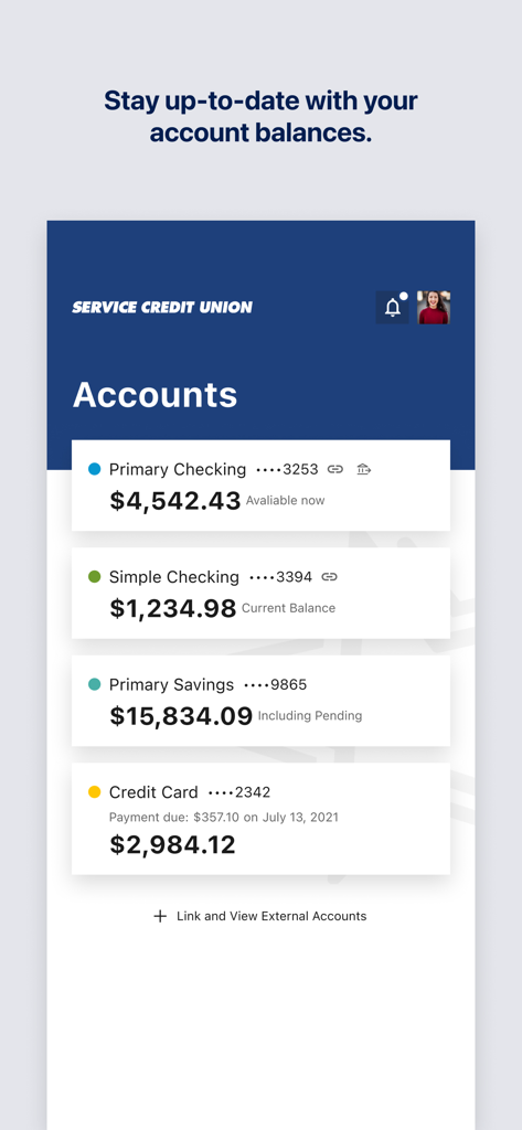 Service CU Mobile Banking - Dashboard der Service CU Mobile Banking App, das Kontostände anzeigt