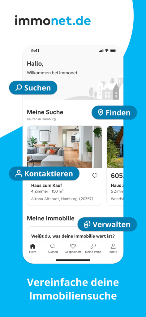 immonet Immobilien Suche - Écran d'accueil de l'application immobilière immonet affichant les résultats de recherche de biens et les boutons de navigation