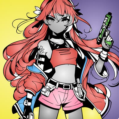 bad girl wearing crop top holding a gun long hair anime