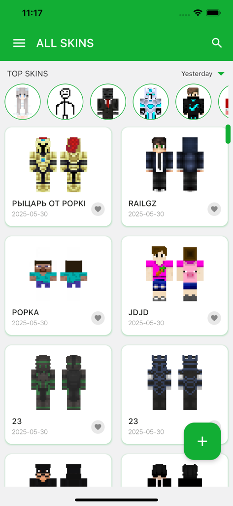 Eine Rasteransicht verschiedener Minecraft-Skins, die zum Download in der World of Skins App verfügbar sind.