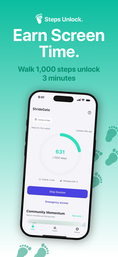 Steps Unlock app screen showing a progress ring for 631 out of 1000 steps required to earn phone screen time.
