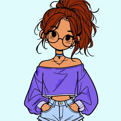 girl with a messy ponytail glasses a baggy crop top and jean shorts