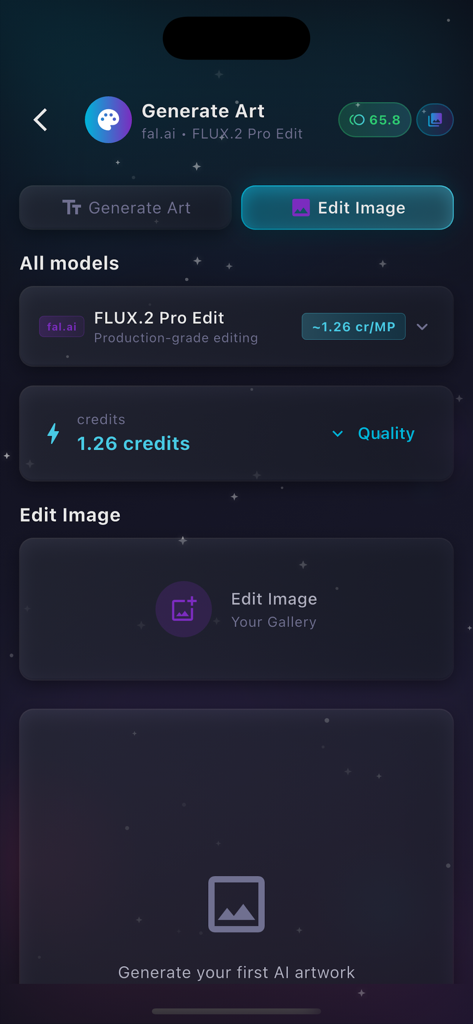 ChatAgent AI Chat Ask Anything - Interface do aplicativo ChatAgent mostrando o recurso de edição de imagem de IA com seleção do modelo FLUX e saldo de créditos.
