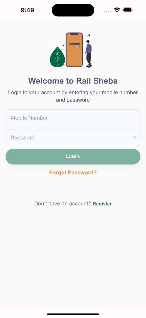 Rail Sheba app login interface showing mobile number and password fields