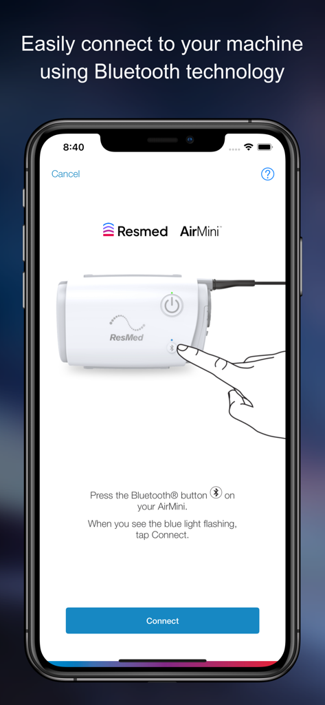 AirMini™ by ResMed - AirMini 양압기 기기의 블루투스 페어링 지침을 보여주는 스마트폰 화면