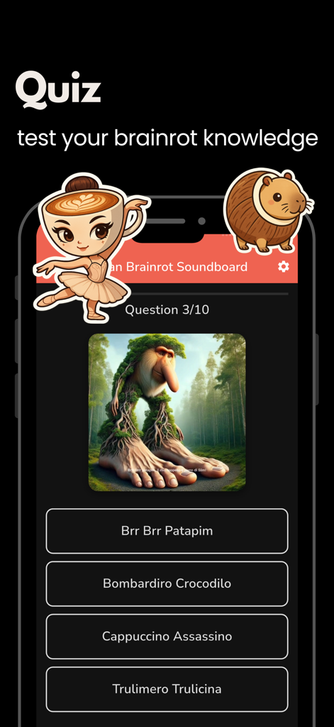 Italian Brainrot Soundboard - Italian Brainrot Soundboard app quiz interface featuring a viral meme character and multiple choice questions.