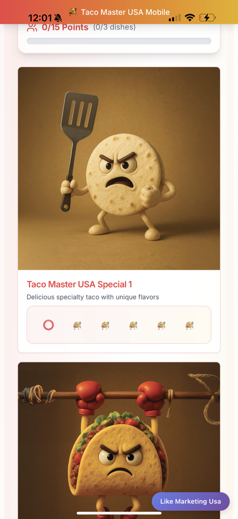 Taco Master USA - 漫画のタコスのキャラクターと特別な料理の投票インターフェースが表示されているTaco Master USAアプリ画面