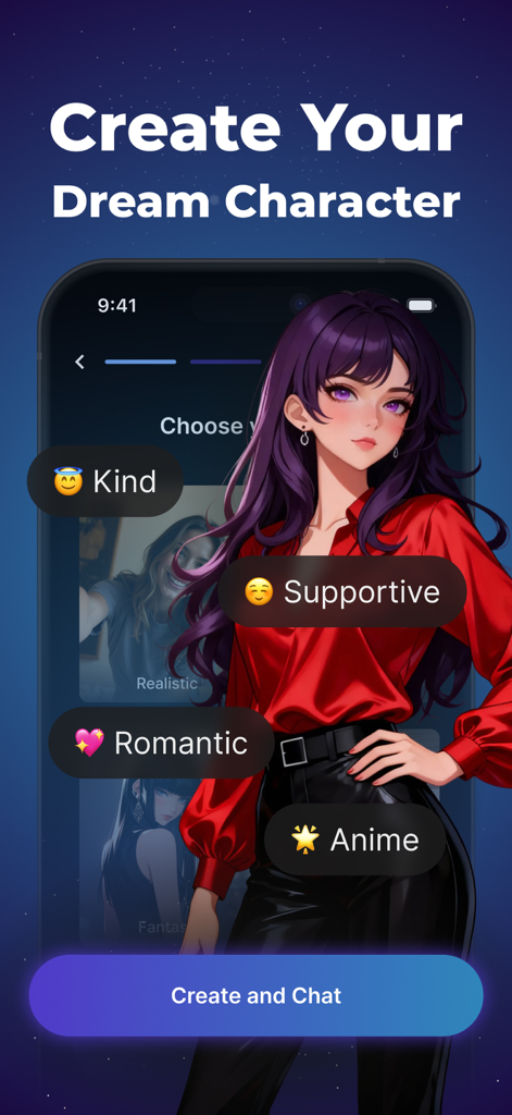 Dream Mate: AI Roleplay Chat - A screenshot of the Dream Mate app interface for creating a custom anime AI character.