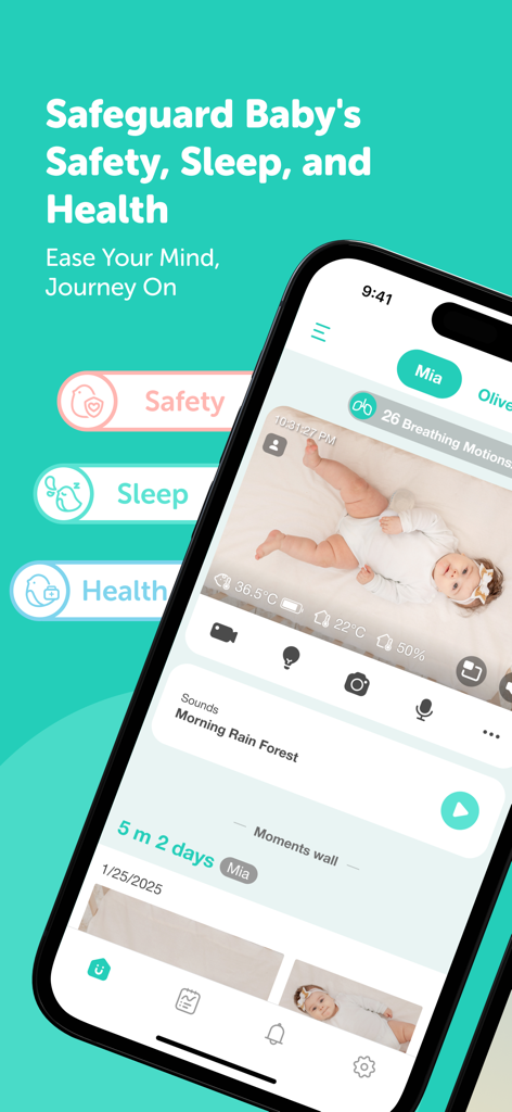 CuboAi Smart Baby Monitor - Interfaz de la aplicación CuboAi mostrando video en vivo de un bebé con datos de monitoreo de respiración y sueño