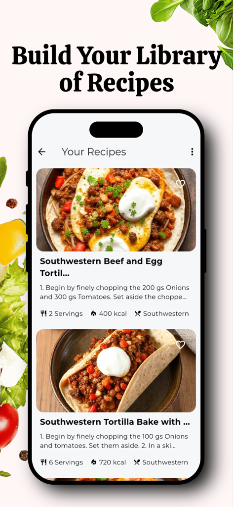 Dishify: AI Recipe Generator - Dishify app screen displaying a personalized library of saved recipes with dish photos and nutritional details