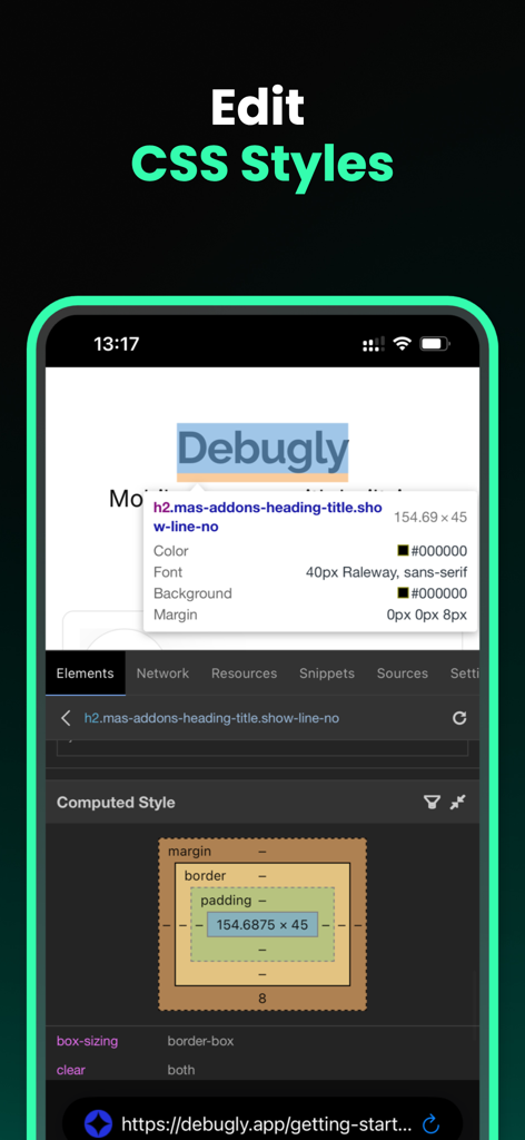 Web Inspector & Dev Tools - Interfaz del inspector web móvil mostrando edición de estilos CSS e inspección del modelo de caja de elementos