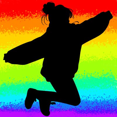 realistic girl jumping with a bun and oversized sweatshirt
