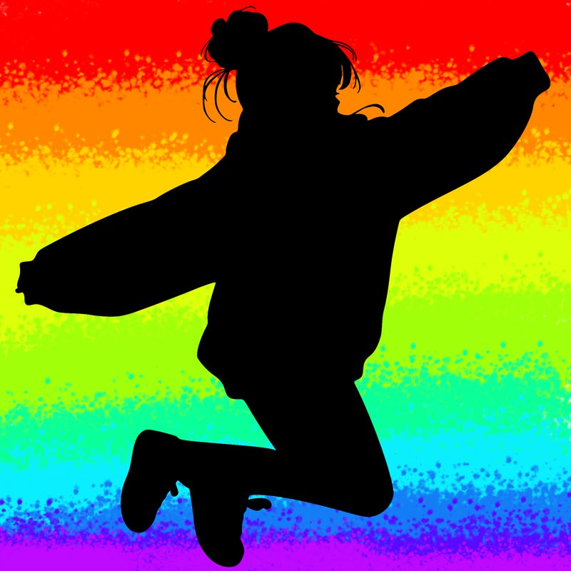 realistic girl jumping with a bun and oversized sweatshirt