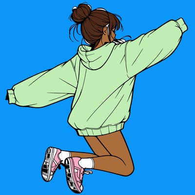 realistic girl jumping with a bun and oversized sweatshirt