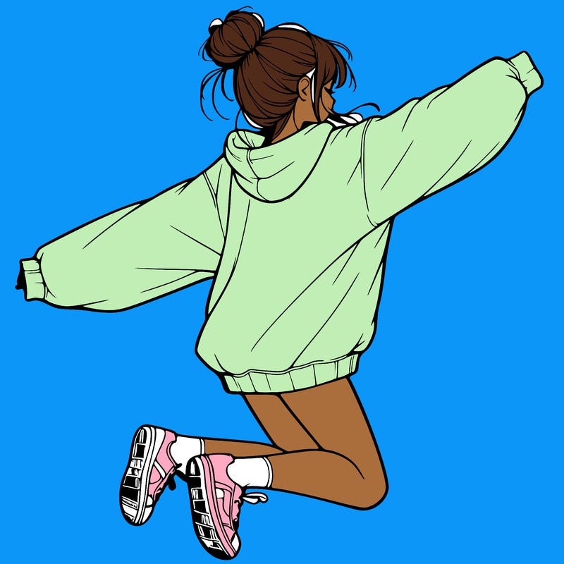 realistic girl jumping with a bun and oversized sweatshirt