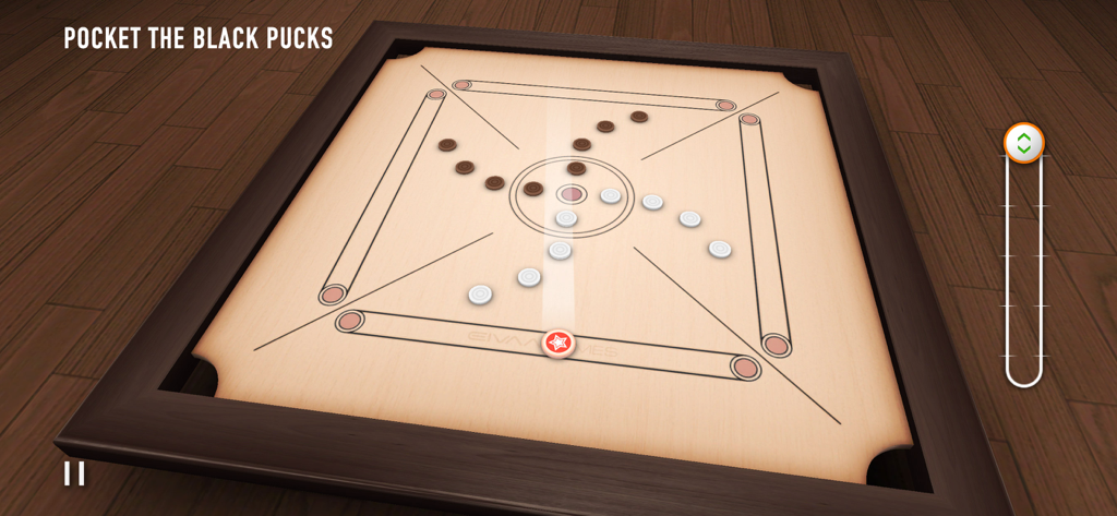 Gameplay of Carrom 3D showing a realistic wooden board with black and white pucks and a striker.