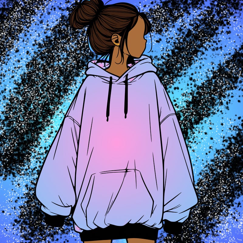 realistic girl with a oversized sweatshirt on and a bun