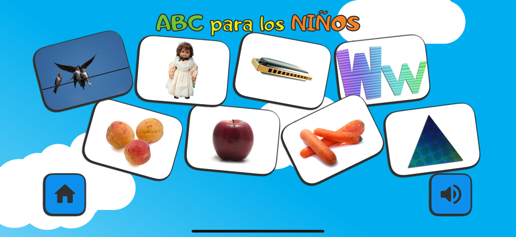 ABC para los Niños: Spannish - Educational flashcards interface from the ABC para los Ninos app showing objects like an apple carrots and letters for Spanish vocabulary learning