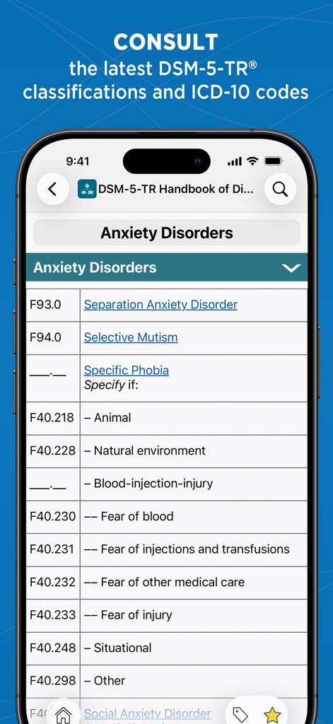 Schermata dell'app DSM-5-TR che visualizza un elenco di disturbi d'ansia con i corrispondenti codici ICD-10