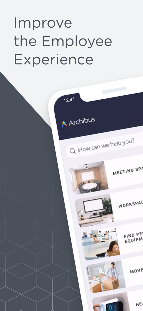 Tela de smartphone exibindo a interface do aplicativo Archibus Workplace com opções para reservar espaços de reunião e áreas de trabalho