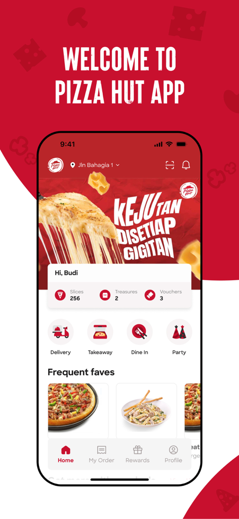 Écran d'accueil de l'application mobile Pizza Hut Indonesia présentant les points de fidélité et les options de service pour la livraison et à emporter