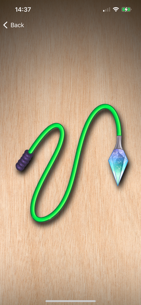 Whip Simulator - Pocket Whip - Chicote verde neon com ponta de cristal azul na interface do aplicativo Pocket Whip