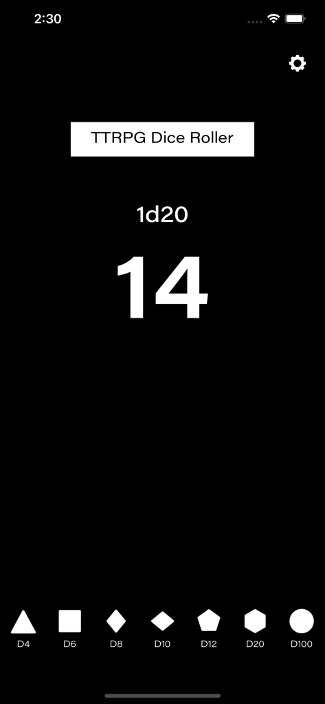 Minimalist black and white interface of the D20 Dice Simulator app showing a d20 roll result