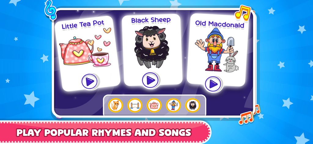 Simple Piano Songs Music Games - A song selection screen featuring popular nursery rhymes like Little Tea Pot and Old Macdonald in a kids music game.