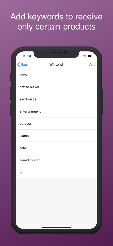 Freebie Alerts app screenshot showing a whitelist of keywords like baby coffee maker and electronics to filter free item notifications