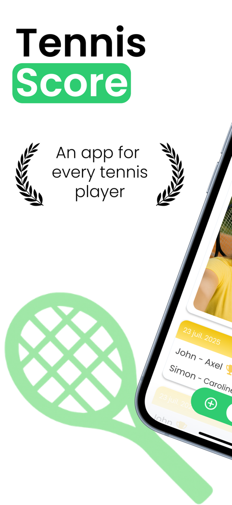 Tennis - Scorekeeper & Counter - Tennis Score app introductory screen featuring a tennis racket graphic and a smartphone displaying match logs.
