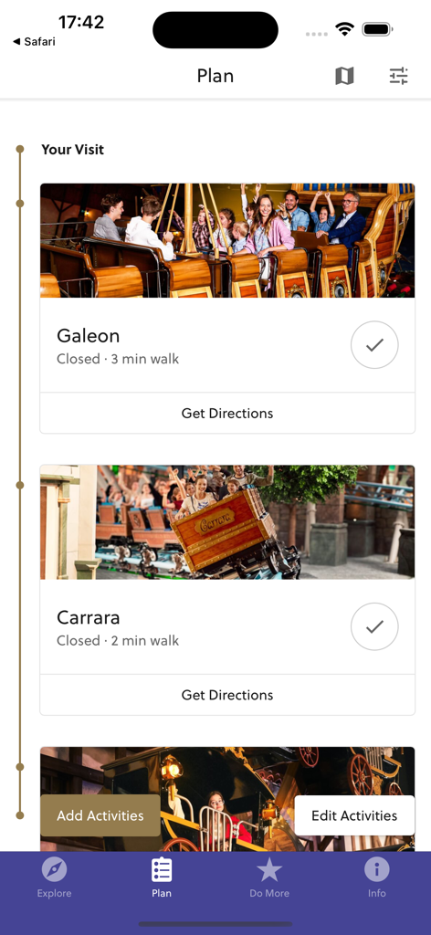 Mandoria - Interface of the Mandoria app Plan tab displaying a sequence of scheduled park activities and attractions