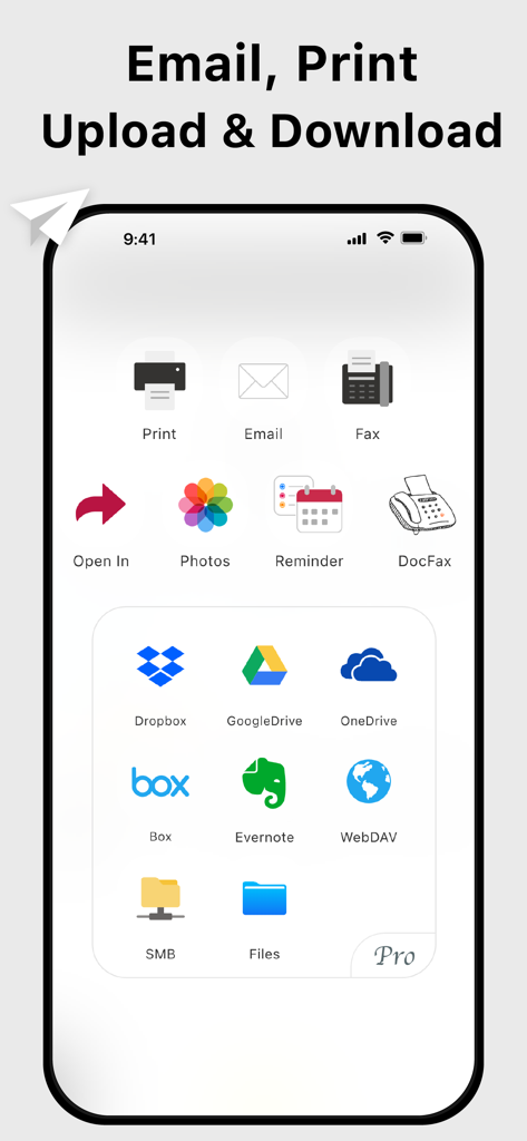 Smartphone screen displaying document sharing and cloud storage options including email, fax, Google Drive, and Dropbox