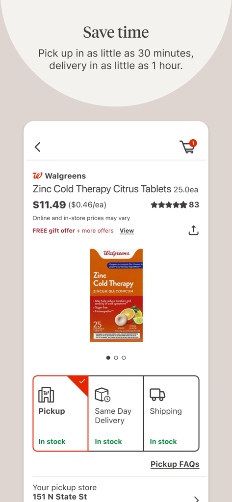 Walgreens - Walgreens mobile app product page showing Zinc tablets with options for 30-minute pickup and same-day delivery