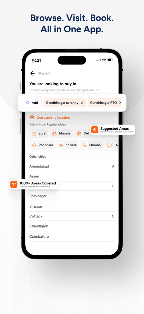 Housivity.com: Buy, Sell, Rent - Housivity Mobile App Bildschirm mit Immobilien-Suchoptionen und einer Liste großer indischer Städte wie Mumbai und Surat für den Immobilienkauf.