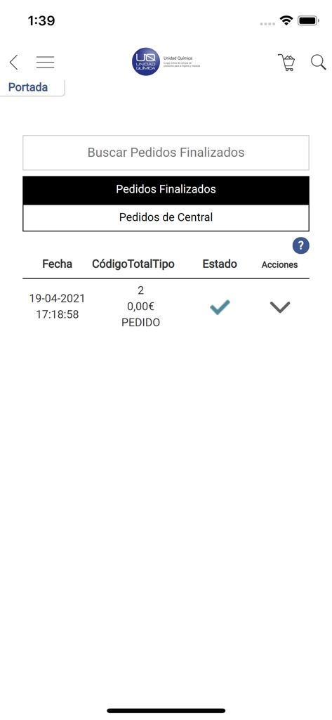 Unidad Química - Unidad Quimica app screen displaying finished orders history with date and status columns