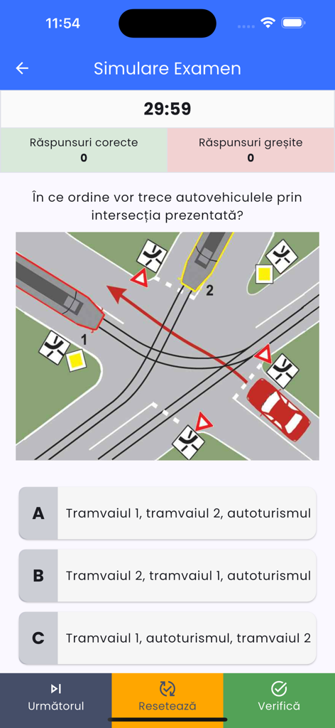 Interfaccia di simulazione dell'esame di guida con una domanda su un incrocio stradale e opzioni a scelta multipla.