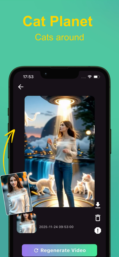 A portrait photo transformed into a fantasy scene with cats and a UFO using the Cat Planet effect in Solara AI