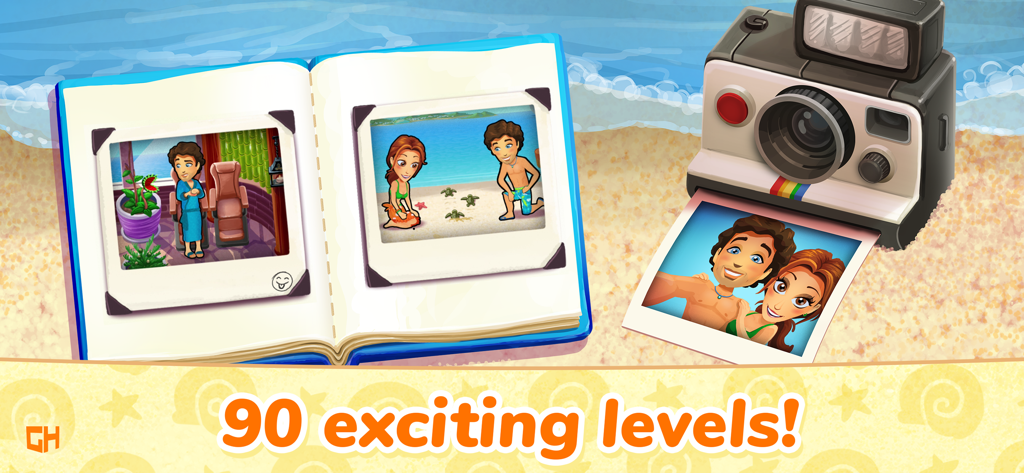 Delicious - Honeymoon Cruise - Emily and Patricks honeymoon photo album and an instant camera on a sandy beach with the text 90 exciting levels